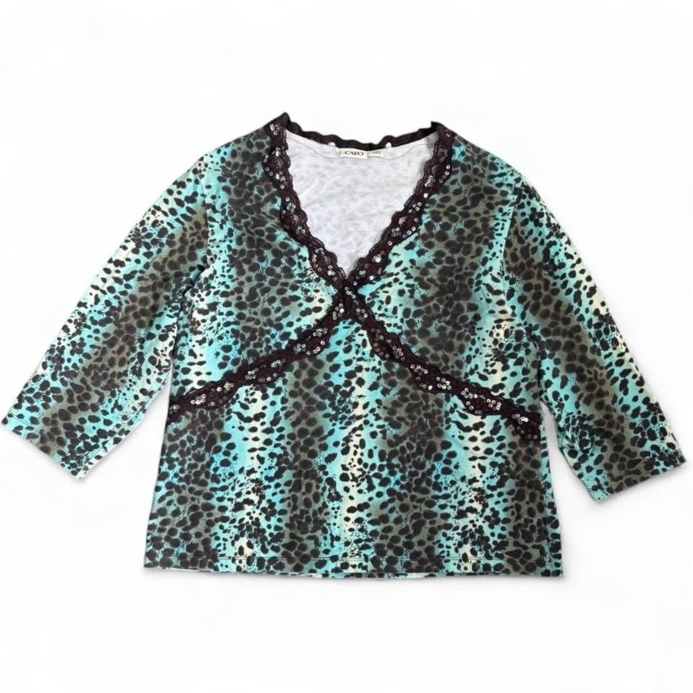 Vintage Y2K‎ Babydoll Lace Trim Sequin Brown/Teal Blouse Cato SZ XL Animal Print
